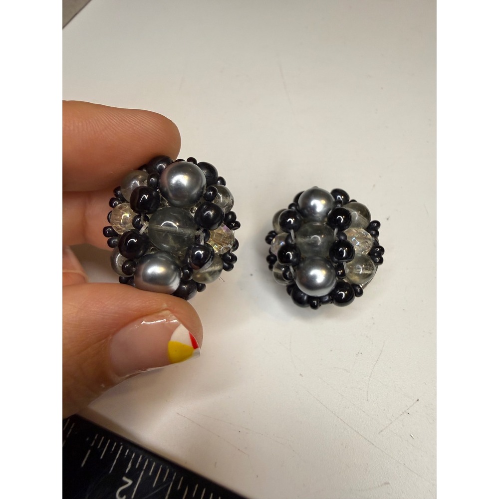 Vintage Germany Grey Faux Pearl Smoky Glass Cluster Clip On Earrings AB Accents